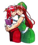  2girls ^_^ bat_wings beret blush book braid cheek-to-cheek closed_eyes demon_girl dress dress_shirt hat head_wings hong_meiling hug hug_from_behind koakuma koyubi_(littlefinger1988) long_hair multiple_girls necktie one_eye_closed red_eyes redhead shirt short_sleeves skirt skirt_set smile star touhou vest wings 