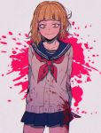  1girl alternate_hairstyle bangs blonde_hair blood blood_on_face blood_splatter bloody_clothes blunt_bangs boku_no_hero_academia cardigan collarbone cowboy_shot hair_down half-closed_eyes ke02152 long_sleeves looking_at_viewer medium_hair pleated_skirt school_uniform serafuku skirt smile solo toga_himiko yellow_eyes 