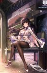  1girl ankle_ribbon artist_logo bangs between_breasts black_hair blunt_bangs box_(hotpppink) breasts brown_legwear cable chair closed_mouth clouds commentary_request dress evening eyebrows_visible_through_hair fingerless_gloves floating_hair full_body girls_frontline gloves hand_on_own_chest hand_up large_breasts light light_particles long_hair looking_at_viewer motion_blur newspaper orange_sky outdoors pantyhose pleated_dress qbz-95_(girls_frontline) ribbon shiny shiny_clothes shoes short_dress sitting sky solo star suitcase thighband_pantyhose tree very_long_hair white_cloak white_dress white_gloves white_ribbon white_shoes wind wing_collar yellow_eyes 