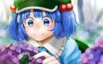  1girl animal bangs blue_eyes blue_hair blunt_bangs blurry blurry_background blush flat_cap flower fog frilled_shirt_collar frills frog green_hat hair_bobbles hair_ornament hat hydrangea kawashiro_nitori nora_wanko outdoors short_hair size_difference solo sparkle tareme touhou two_side_up upper_body water water_drop 