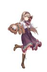 1girl boots brown_footwear dress dynamite elena_clay full_body hairband highres light_brown_hair long_hair looking_at_viewer official_art princess_principal princess_principal_game_of_mission purple_dress smile solo standing standing_on_one_leg stuffed_animal stuffed_toy teddy_bear transparent_background violet_eyes 