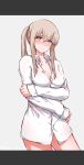  10s 1girl absurdres blue_eyes blush breasts brown_hair cleavage disco_brando dress_shirt graf_zeppelin_(kantai_collection) highres kantai_collection long_hair long_sleeves looking_at_viewer medium_breasts naked_shirt shirt simple_background sketch smile solo white_shirt 