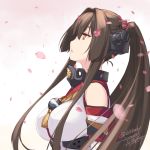  10s 1girl bare_shoulders breasts brown_eyes brown_hair cherry_blossoms collar detached_sleeves from_side gradient gradient_background hair_between_eyes headgear kantai_collection large_breasts long_hair looking_to_the_side looking_up petals pink_background ponytail rokuwata_tomoe solo twitter_username white_background yamato_(kantai_collection) z_flag 