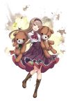  1girl :d boots brown_footwear car cross-laced_footwear dress dynamite elena_clay full_body ground_vehicle hairband highres holding holding_stuffed_animal light_brown_hair long_hair looking_at_viewer motor_vehicle official_art open_mouth princess_principal princess_principal_game_of_mission purple_dress smile solo standing stitches stuffed_animal stuffed_toy teddy_bear transparent_background violet_eyes 