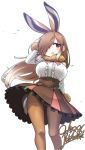  1girl 2017 animal_ears artist_name blush bow bowtie brown_eyes brown_hair brown_legwear brown_skirt bunny_tail dated european_hare_(kemono_friends) extra_ears floating_hair frilled_shirt frilled_skirt frills fur-trimmed_sleeves fur_collar fur_trim hair_over_one_eye hand_behind_head highres kemono_friends long_hair looking_to_the_side pantyhose rabbit_ears red_bow red_bowtie shirt signature simple_background skirt solo tail very_long_hair white_background white_shirt yoshida_hideyuki 