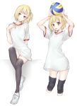  1girl :o arms_up bangs black_legwear blonde_hair blush brown_eyes closed_mouth cropped_legs full_body gym_uniform haikyuu!! hand_on_own_chest hand_up knee_pads legs_together multiple_views namo one_side_up open_mouth over-kneehighs shirt shoes short short_sleeves sidelocks sitting sneakers thigh-highs volleyball white_background white_shirt yachi_hitoka 