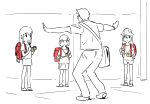  1boy 3girls absurdres backpack bag barikiosu bucket_hat child closed_mouth commentary crime_prevention_buzzer glasses greyscale hat highres jurassic_park jurassic_world lineart long_hair looking_at_another meme monochrome multiple_girls original outstretched_arms pants parody prattkeeping randoseru school_hat shirt shoes short_sleeves shoulder_bag skirt spot_color spread_arms standing t-shirt 