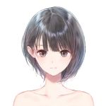  1girl black_hair blue_reflection brown_eyes closed_mouth collarbone expressionless highres kishida_mel looking_at_viewer official_art portrait shirai_hinako short_hair simple_background solo white_background 