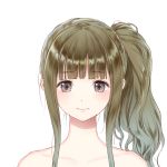  1girl bare_shoulders black_eyes blue_reflection blush brown_eyes brown_hair closed_mouth collarbone eyebrows_visible_through_hair highres kishida_mel light_smile long_hair looking_at_viewer portrait side_ponytail sidelocks simple_background smile solo sugamoto_shihori white_background 