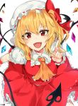  1girl :d absurdres ascot bangs blonde_hair bow breasts collared_shirt commentary_request crystal fangs flandre_scarlet foreshortening frilled_shirt_collar frills hat hat_bow highres index_finger_raised laevatein looking_at_viewer medium_breasts mob_cap one_side_up open_mouth orange_ascot red_bow red_eyes red_skirt red_vest ribbon-trimmed_headwear ribbon_trim shirt signature skirt skirt_set smile solo touhou tuxedo_de_cat vest white_background white_hat white_shirt wing_collar wings 