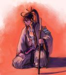  1boy android expressionless glowing hakama headphones highres japanese_clothes kamui_gakupo long_hair male_focus nail_polish purple_hair purple_nails red_background seiza shikuchousen sitting solo sword vocaloid weapon 