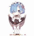  1girl bangs blue_eyes blue_hair chibi detached_sleeves dress dress_lift eyes_visible_through_hair frilled_dress frills full_body hair_ornament hair_over_one_eye lifted_by_self looking_at_viewer maid maid_headdress mawoko re:zero_kara_hajimeru_isekai_seikatsu rem_(re:zero) shoes short_hair simple_background smile solo thigh-highs white_background white_legwear x_hair_ornament 