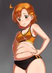  1girl ahoge armpits asymmetrical_bangs bangs bare_arms bare_shoulders breasts buruma collarbone cowboy_shot eyebrows_visible_through_hair from_below gradient gradient_background grey_background hair_ornament hairclip idolmaster idolmaster_million_live! kkroe looking_down navel orange_hair plump short_hair small_breasts solo sportswear standing stomach tearing_up tears weight_conscious yabuki_kana yellow_eyes 