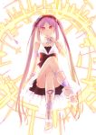  1girl ass bare_shoulders benbe dress fate/hollow_ataraxia fate_(series) hairband high_heels highres legs_crossed lolita_hairband long_hair looking_at_viewer purple_hair sandals smile solo stheno twintails violet_eyes 