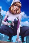  &gt;:) 1girl artist_name blonde_hair blue_eyes blue_sky blurry blurry_background breasts cellphone citydutch_angle closed_mouth clouds covered_navel dandon_fuga day full_body gwen_stacy head_tilt holding holding_phone hood_up hooded_bodysuit leaning_forward legs_apart looking_at_viewer marvel medium_breasts outdoors phone short_hair skin_tight sky smartphone smile solo spider-gwen spider-man_(series) squatting 