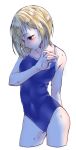  1girl bangs blue_swimsuit blush breasts closed_mouth contrapposto covered_navel cropped_legs eyebrows_visible_through_hair haikyuu!! medium_breasts namo one-piece_swimsuit sidelocks simple_background solo swimsuit swimsuit_pull white_background yachi_hitoka 