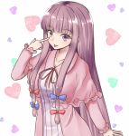  1girl :p akanbe arm_at_side bangs blue_bow blunt_bangs blush bow capelet collarbone dress eyebrows_visible_through_hair frilled_capelet frilled_sleeves frills hair_bow heart heart_background long_hair long_sleeves low-tied_long_hair orinpachu patchouli_knowledge pink_dress purple_hair red_bow sidelocks solo straight_hair tongue tongue_out touhou very_long_hair violet_eyes 