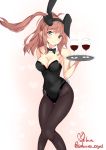  10s 1girl animal_ears black_bow black_leotard black_neckwear blue_eyes bow bowtie breasts brown_hair bunny_tail bunnysuit cup detached_collar drinking_glass highres kantai_collection leotard long_hair medium_breasts pantyhose ponytail rabbit_ears sakura_ayu saratoga_(kantai_collection) side_ponytail solo strapless strapless_leotard tail tray wine_glass 