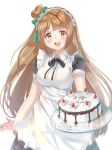  1girl absurdly_long_hair absurdres birthday_cake blush breasts brown_eyes brown_hair cake dress eyebrows_visible_through_hair food happy_birthday highres holding holding_plate holmemee large_breasts long_hair looking_at_viewer love_live! love_live!_school_idol_project maid minami_kotori open_mouth pinafore_dress plate puffy_short_sleeves puffy_sleeves short_sleeves smile solo very_long_hair 