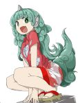  1girl :d animal_ears bangs between_legs buttons collared_shirt eyebrows_visible_through_hair fang full_body geta green_eyes green_hair hand_between_legs highres horn komano_aun long_hair looking_at_viewer open_mouth shirt short_sleeves shorts simple_background smile solo squatting tail touhou tyouseki white_background 