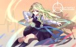  1girl black_skirt blonde_hair blue_eyes blue_neckwear character_name copyright_name diana_cavendish floating_hair green_hair highres holding little_witch_academia long_hair multicolored_hair necktie shirt skirt solo sora_(zwz030) two-tone_hair very_long_hair white_shirt 