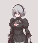  1girl artist_name blindfold blush breasts cleavage cleavage_cutout closed_mouth disco_brando facing_away grey_hair hairband highres medium_breasts nier_(series) nier_automata short_hair smile solo standing twitter_username yorha_no._2_type_b 