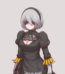  1girl artist_name banana blindfold blush breasts cleavage cleavage_cutout closed_mouth disco_brando facing_away food fruit grey_hair hairband highres medium_breasts nier_(series) nier_automata short_hair smile solo standing twitter_username yorha_no._2_type_b 