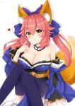  10s 1girl absurdres animal_ears blue_legwear breasts cleavage fate/extra fate/extra_ccc fate/grand_order fate_(series) fox_ears fox_tail hair_ribbon heart highres japanese_clothes large_breasts looking_at_viewer pink_hair ribbon simple_background sitting solo tail tamamo_(fate)_(all) tamamo_no_mae_(fate) white_background yellow_eyes yukii-chi 