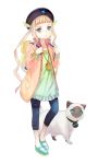  1girl :&lt; absurdres aqua_eyes backpack bag blonde_hair cat child elle_mel_martha full_body hat highres inomata_mutsumi jacket jewelry long_hair long_sleeves looking_at_viewer mary_janes official_art open_clothes open_jacket pendant shoes simple_background solo tales_of_(series) twintails white_background 