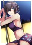  1girl bangs bare_shoulders black_hair blue_eyes blurry blurry_background blush breasts commentary_request hair_between_eyes hair_bun idolmaster idolmaster_cinderella_girls kouda_hayato_(e-gis) leaf_print looking_to_the_side medium_breasts night night_sky open_mouth outdoors pole purple_swimsuit sagisawa_fumika sarong sideboob sky solo swimsuit tied_hair waist 