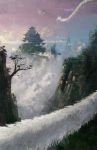  above_clouds branch clouds cloudy_sky commentary dragon eastern_dragon fantasy foreshortening highres kai_sei mountain no_humans original outdoors pagoda perspective scenery sky tree 