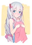  1girl artist_name azumi_akitake bare_shoulders blue_eyes bow collarbone dress eromanga_sensei eyebrows_visible_through_hair grey_hair hair_bow hands_on_own_chest highres izumi_sagiri long_hair looking_at_viewer low-tied_long_hair parted_lips pink_bow scrunchie solo upper_body white_background yellow_background 