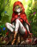  1girl blonde_hair blood boots butterfly cloak crossed_ankles deadman&#039;s_cross dress flower fly full_body gloves hood hooded_cloak injury legs little_red_riding_hood little_red_riding_hood_(grimm) looking_at_viewer outdoors pale_skin parted_lips raypass red_dress red_gloves red_hood red_lips short_hair sitting solo tree_stump undead zombie 