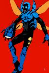  1boy artist_name blue_beetle bodysuit boots cannon dc_comics gloves insect_wings male_focus mask open_mouth orange_eyes red_background simple_background solo teeth wings young_justice 