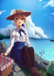  1girl absurdres artoria_pendragon_(all) bangs black_legwear blonde_hair blue_ribbon blue_skirt blue_sky blush boa_(brianoa) boat brown_footwear clouds cloudy_sky commentary day eyebrows_visible_through_hair fate/stay_night fate_(series) flower green_eyes hair_between_eyes hair_ribbon hat hat_flower highres legs_together long_sleeves looking_at_viewer neck_ribbon ocean outdoors pantyhose parted_lips picnic_basket ribbon saber shirt shoes short_hair sitting skirt sky smile solo straw_hat sunflower thermos watercraft white_shirt 