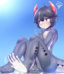  1girl between_legs black_hair blue_sky day full_body grey_skin hand_between_legs highres horns hot jitome looking_to_the_side monster_girl multicolored multicolored_skin nude o3o original outdoors paws rantana_(lalalalackluster) short_hair sitting sky solo tail water_drop white_skin 