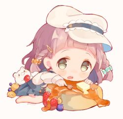  1girl barefoot blush brown_eyes brown_hair butter chibi food fruit hair_ornament hairclip hat looking_at_viewer lowres open_mouth original pancake sencha_(senta_10) short_hair solo strawberry syrup twitter_username white_hat 