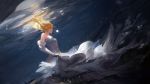  1girl aenrs artoria_pendragon_(all) blonde_hair closed_eyes dress dutch_angle elbow_gloves fate/unlimited_codes fate_(series) floating_hair gloves highres long_hair saber_lily sleeveless sleeveless_dress solo underwater white_dress white_gloves 