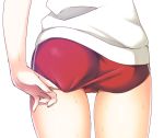  1girl adjusting_buruma adjusting_clothes ass buruma fate/apocrypha fate/grand_order fate_(series) from_behind gym_uniform lower_body mori_marimo ruler_(fate/apocrypha) shirt simple_background solo thighs white_background white_shirt 