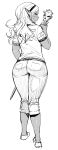 1girl ass blush curvy elf-san_wa_yaserarenai. embarrassed full_body highres hips kuroeda-san long_hair looking_at_viewer looking_back monochrome pointy_ears pout shirt simple_background sketch solo staff standing synecdoche thick_thighs thighs white_background wide_hips 