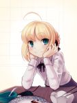  1girl ahoge artoria_pendragon_(all) bangs blonde_hair blue_eyes blush boa_(brianoa) braid chin_rest chopsticks closed_mouth eyebrows_visible_through_hair fate/stay_night fate_(series) food food_on_face indoors leaning_forward leaning_on_object long_sleeves looking_at_viewer neck_ribbon plate purple_skirt red_ribbon ribbon rice rice_on_face saber shirt short_hair skirt smile solo table white_shirt 