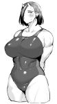  1girl arms_behind_back belly blush breasts earrings elf-san_wa_yaserarenai. full_body highres huge_breasts jewelry looking_at_viewer oga-san oga_(elf-san_wa_yaserarenai.) oni oni_horns pointy_ears standing sweat synecdoche thick_thighs thighs white_background 