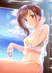  1girl absurdres bikini blush breasts brown_eyes brown_hair highres idolmaster idolmaster_cinderella_girls igarashi_kyouko long_hair looking_at_viewer medium_breasts naharyou side_ponytail smile solo swimsuit swimsuit_under_clothes wet wet_clothes wind_chime 