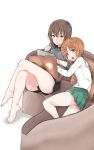  2girls :d ass bangs barefoot black_skirt blush breasts brown_eyes brown_hair couch cushion eyebrows_visible_through_hair girls_und_panzer green_skirt hair_between_eyes highres holding holding_pen large_breasts legs_crossed light_brown_hair long_sleeves military military_jacket military_uniform mitsudoue multiple_girls nishizumi_maho nishizumi_miho on_couch open_mouth parted_lips pen pleated_skirt sailor_collar school_uniform serafuku shirt short_hair simple_background skirt sleeves_rolled_up smile uniform white_background white_shirt 