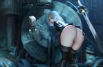  1girl absurdres artist_name ass black_dress black_legwear blue_eyes boots breasts dress embarrassed highres knees_together_feet_apart looking_at_viewer medium_breasts nier_(series) nier_automata panties parted_lips pink_lips pod_(nier_automata) sword thigh-highs thigh_boots underwear weapon weiyou_xie white_hair white_panties yorha_no._2_type_b 