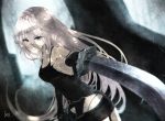  1girl aeus blue_eyes forest highres long_hair nature nier_(series) nier_automata revision shadow signature sword weapon white_hair yorha_type_a_no._2 