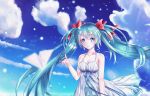  1girl blue_eyes blue_hair blue_ribbon clouds cloudy_sky day dress eyebrows_visible_through_hair floating_hair hair_ornament hair_ribbon hairclip hatsune_miku index_finger_raised long_hair outdoors red_ribbon ribbon shou_ryuusei_ex sky sleeveless sleeveless_dress smile solo standing sundress twintails upper_body very_long_hair vocaloid white_dress 