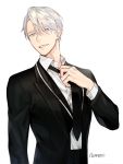  1boy artist_name black_suit blue_eyes dress_shirt formal gearous looking_at_viewer loose_necktie male_focus necktie parted_lips shirt silver_hair solo suit vest viktor_nikiforov white_background yuri!!!_on_ice 