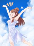 1girl \o/ absurdres armpits arms_up brown_hair commentary_request dress highres kagari_atsuko little_witch_academia long_hair orinpachu outstretched_arms ponytail see-through sky solo sundress white_dress 
