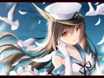  1girl bangs bird bison_cangshu blurry blush breasts brown_eyes brown_hair cleavage collarbone depth_of_field elbow_gloves eyebrows_visible_through_hair feathers floating_hair gloves hair_between_eyes hand_up hat highres large_breasts long_hair looking_at_viewer ocean open_mouth peaked_cap sailor_collar smile solo upper_body very_long_hair white_gloves zhan_jian_shao_nyu 